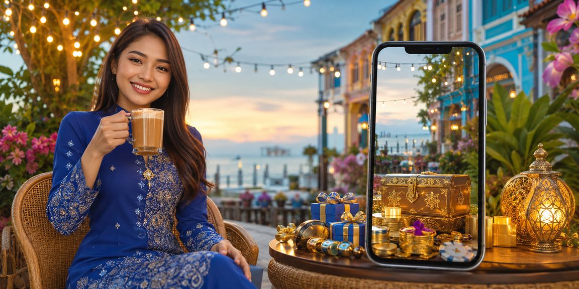 Pengguna telefon bimbit Malaysia dalam baju kurung mengakses kasino mudah alih di Penang